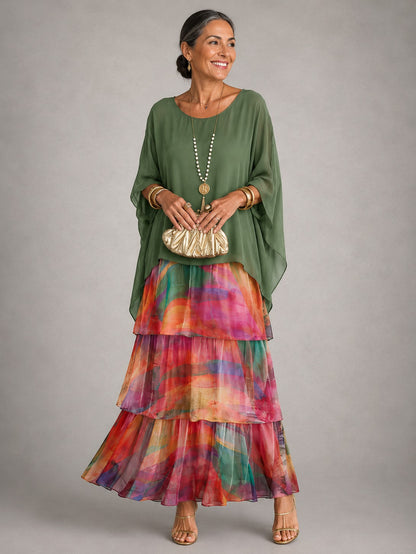 Chiffon Short Sleeve Tiered Maxi Dress