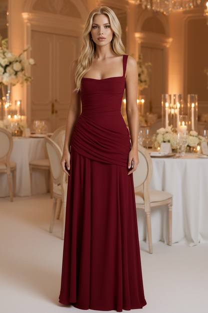 Square Neck Ruched Drop Waist Maxi Dress