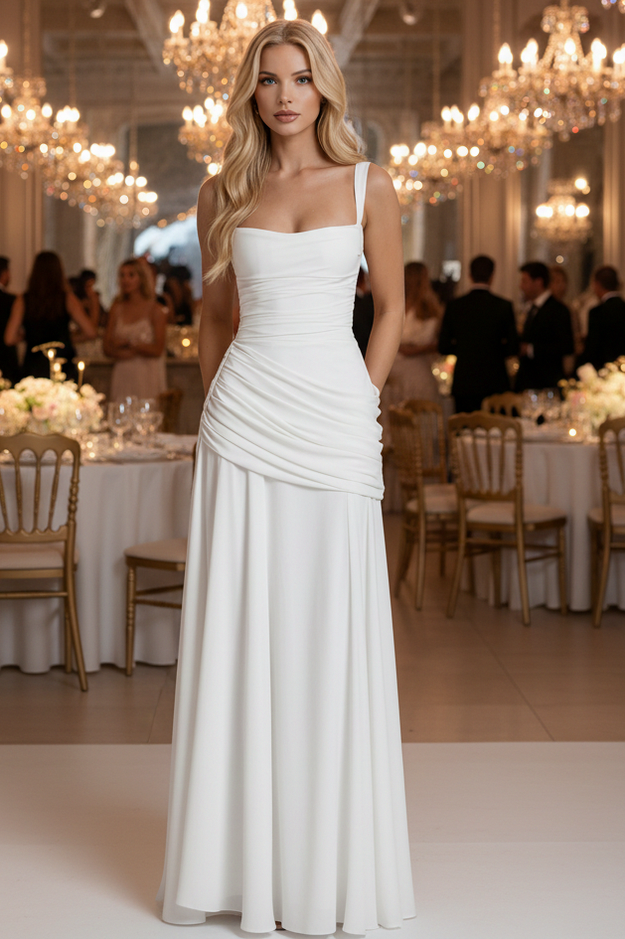 Square Neck Ruched Drop Waist Maxi Dress
