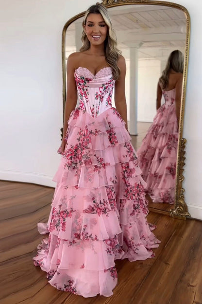 Floral Chiffon Tiered Corset Maxi Dress