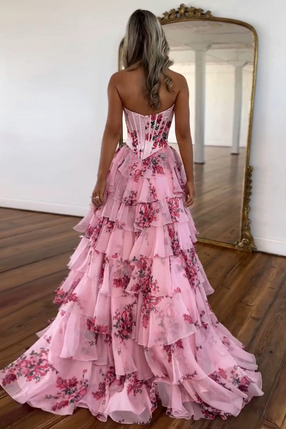 Floral Chiffon Tiered Corset Maxi Dress