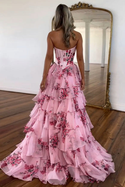 Floral Chiffon Tiered Corset Maxi Dress