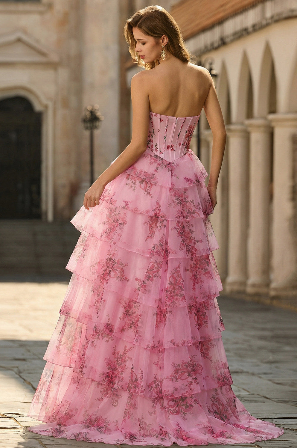 Floral Chiffon Tiered Corset Maxi Dress