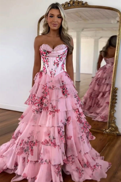 Floral Chiffon Tiered Corset Maxi Dress