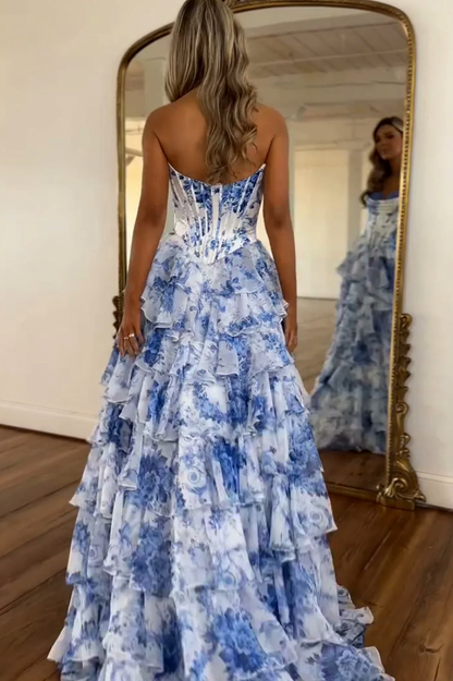 Floral Chiffon Tiered Corset Maxi Dress