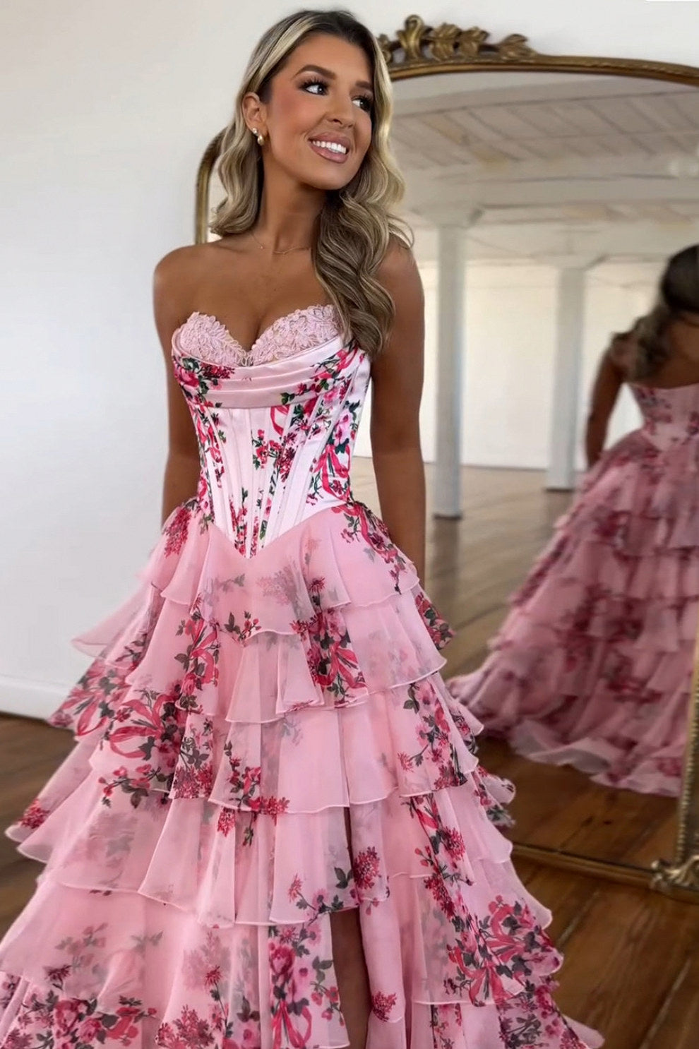 Floral Chiffon Tiered Corset Maxi Dress