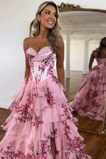 Floral Chiffon Tiered Corset Maxi Dress