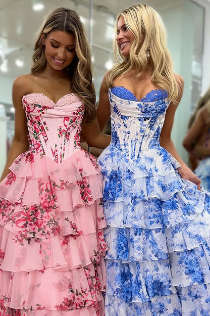 Floral Chiffon Tiered Corset Maxi Dress