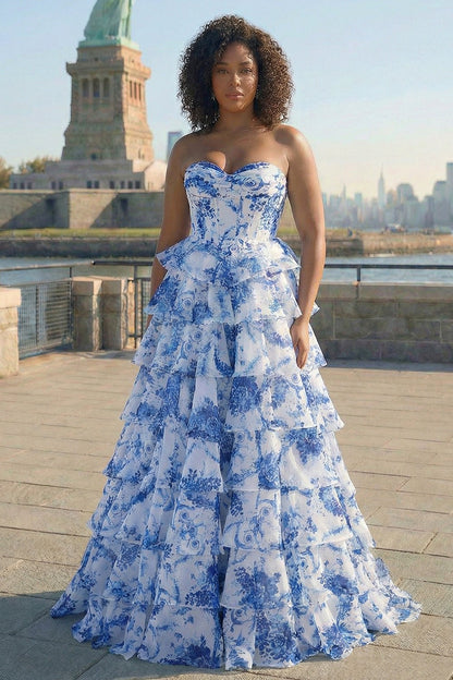 Floral Chiffon Tiered Corset Maxi Dress