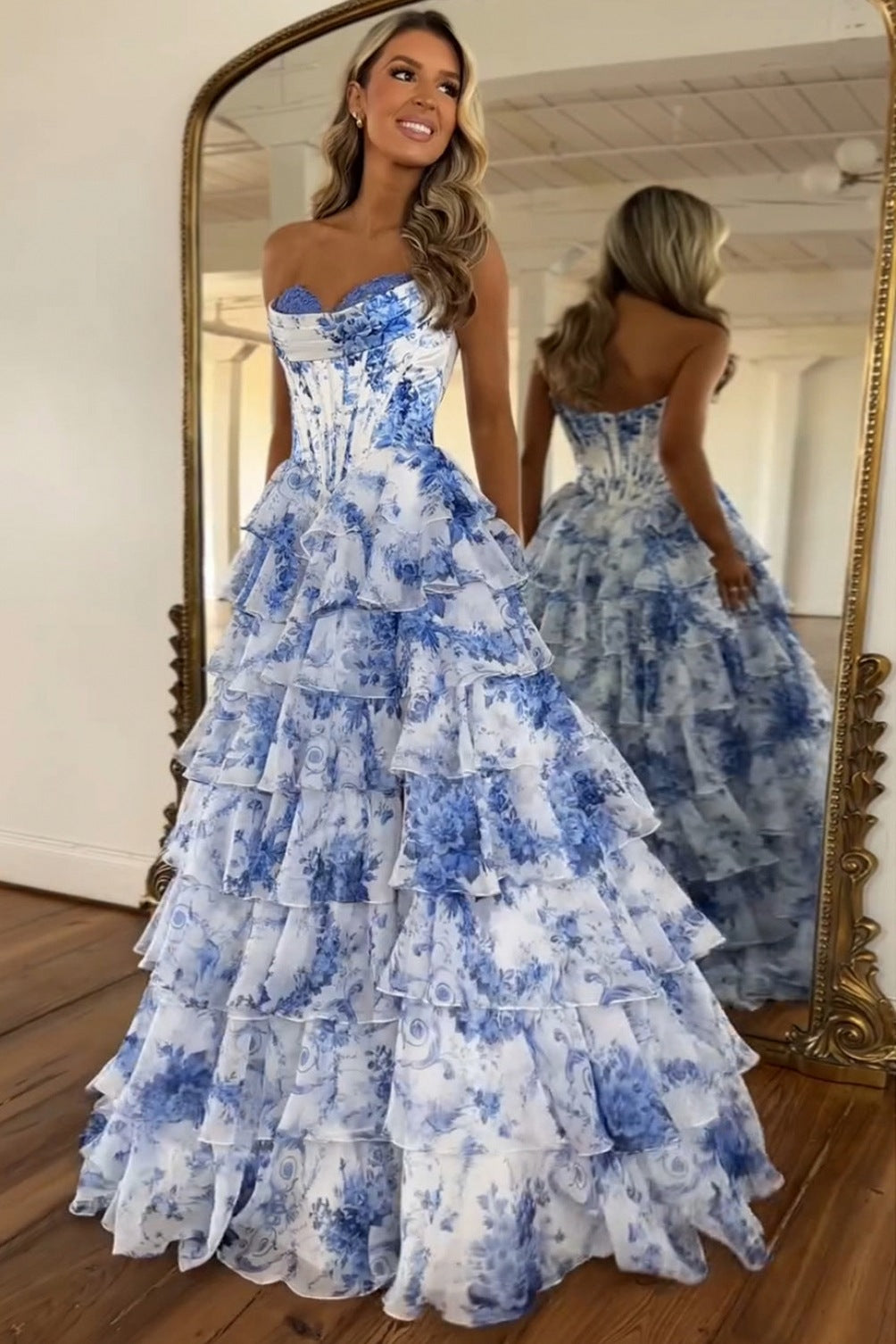 Floral Chiffon Tiered Corset Maxi Dress