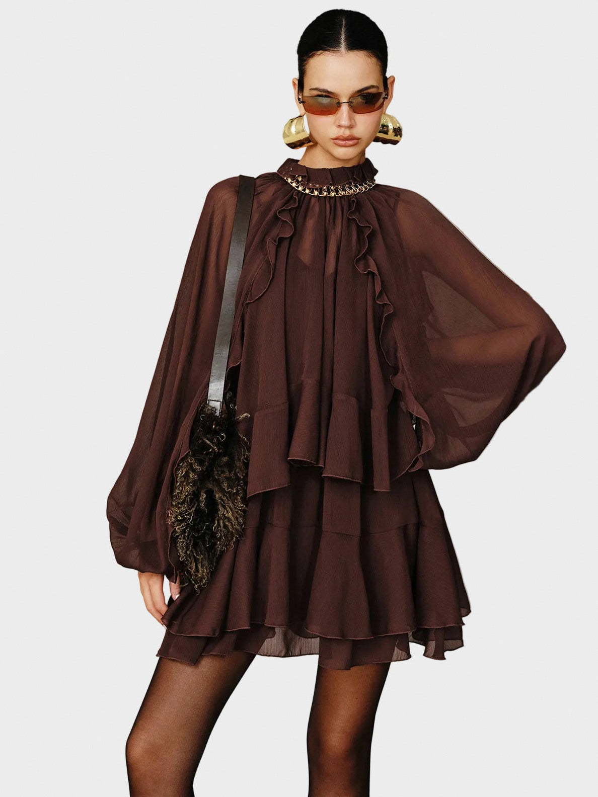 Chiffon Tiered Long Sleeve Mini Dress