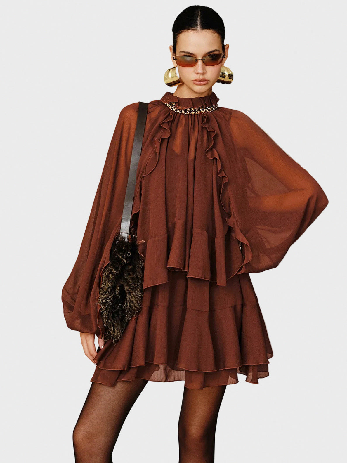 Chiffon Tiered Long Sleeve Mini Dress