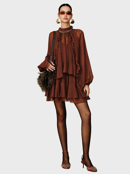 Chiffon Tiered Long Sleeve Mini Dress