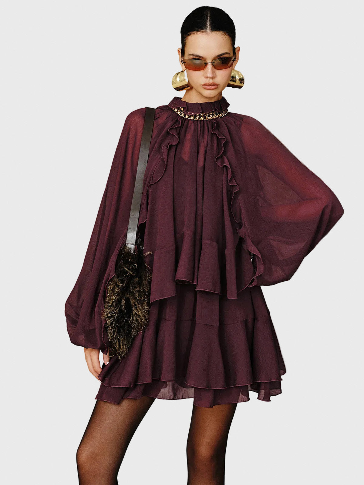 Chiffon Tiered Long Sleeve Mini Dress