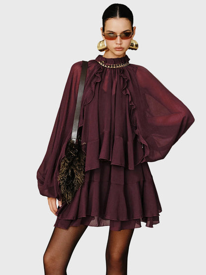Chiffon Tiered Long Sleeve Mini Dress