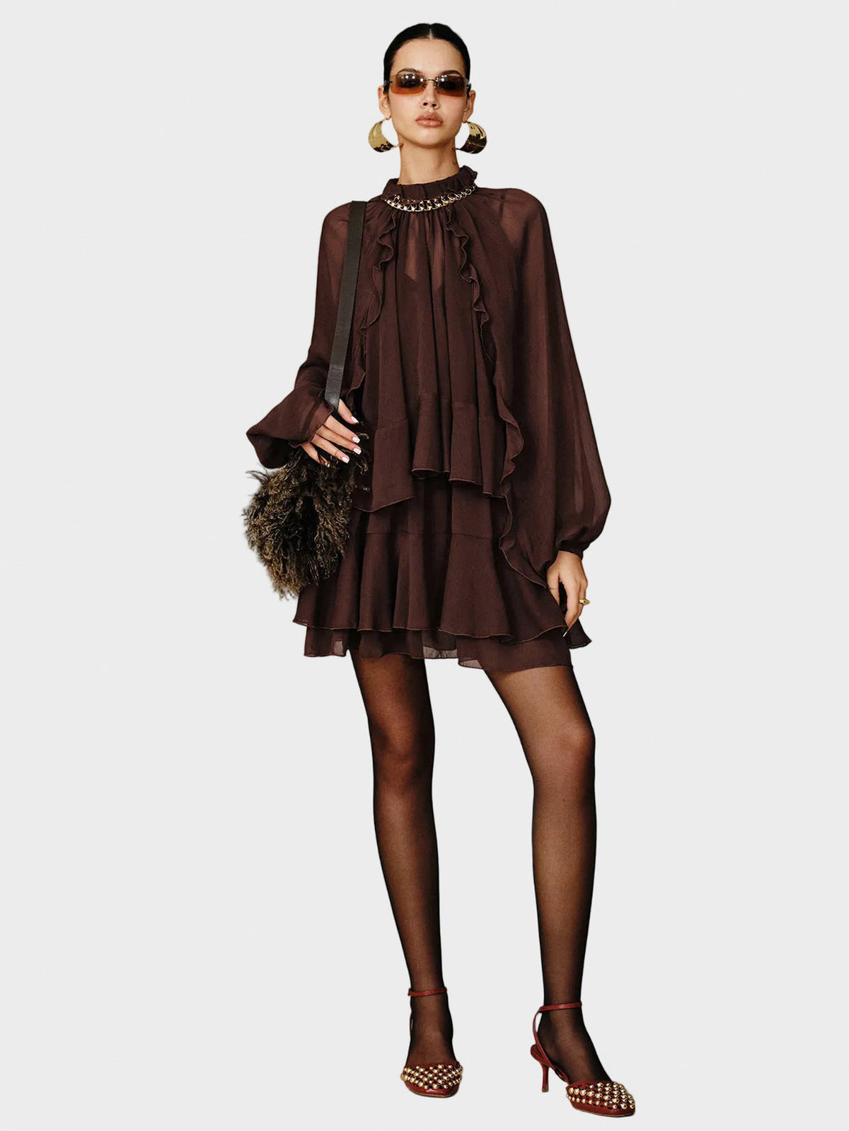 Chiffon Tiered Long Sleeve Mini Dress