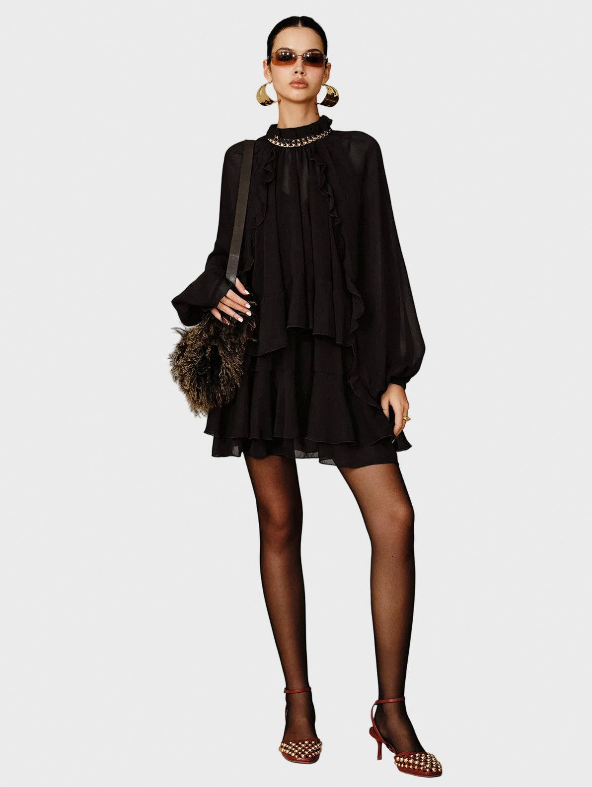 Chiffon Tiered Long Sleeve Mini Dress