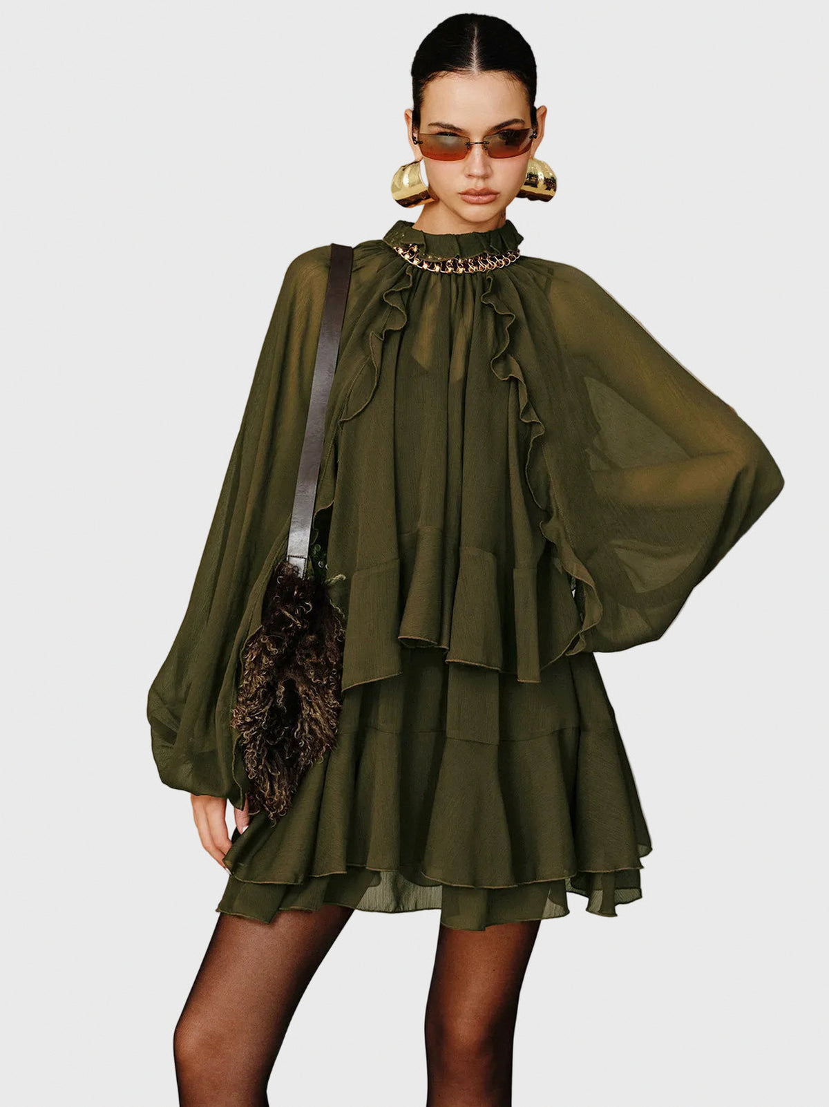 Chiffon Tiered Long Sleeve Mini Dress