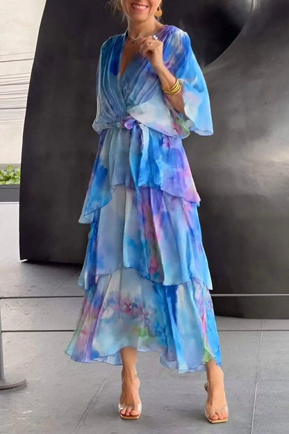 Chiffon Watercolor Tiered Midi Dress