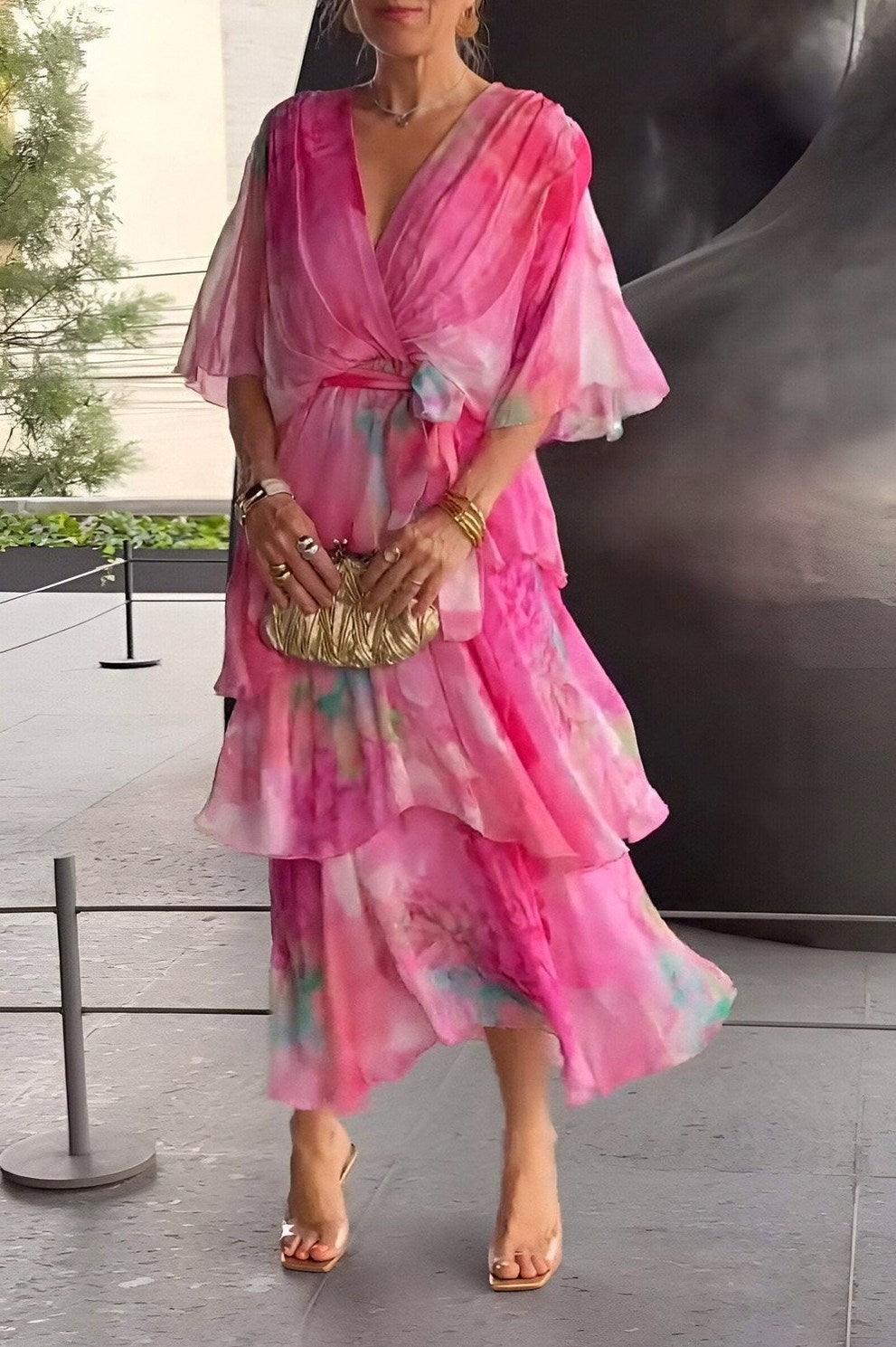 Chiffon Watercolor Tiered Midi Dress