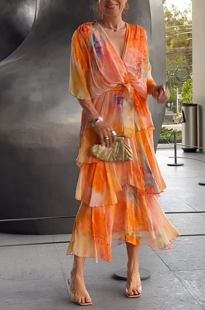 Chiffon Watercolor Tiered Midi Dress