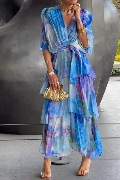 Chiffon Watercolor Tiered Midi Dress