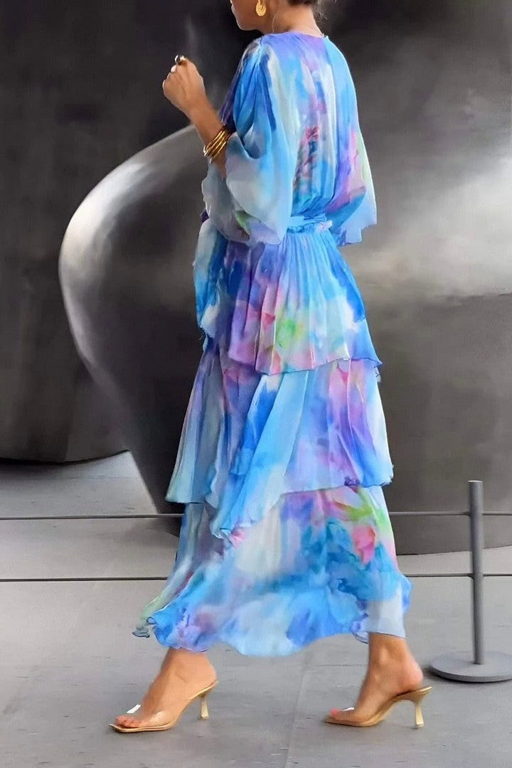 Chiffon Watercolor Tiered Midi Dress