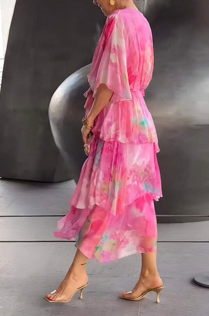 Chiffon Watercolor Tiered Midi Dress