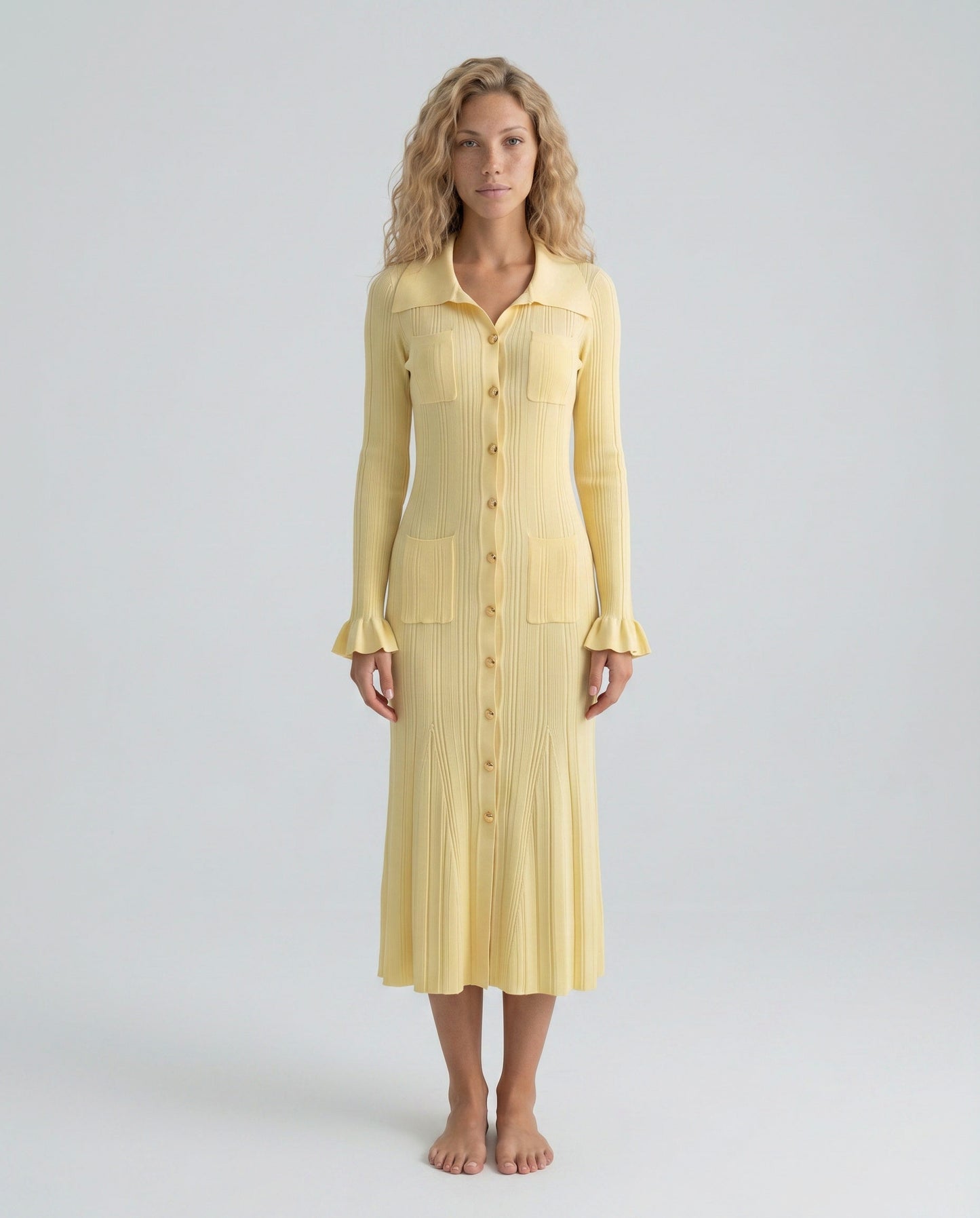 Collar Button Front Knit Midi Dress