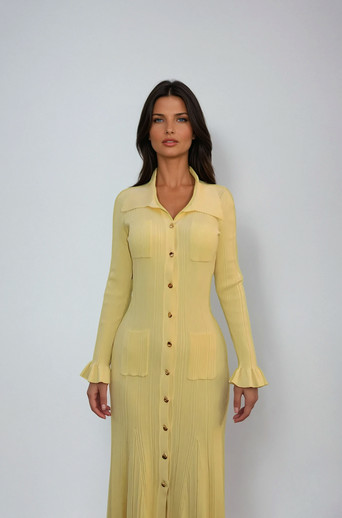 Collar Button Front Knit Midi Dress