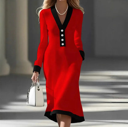 Contrast Trim Button Midi Dress