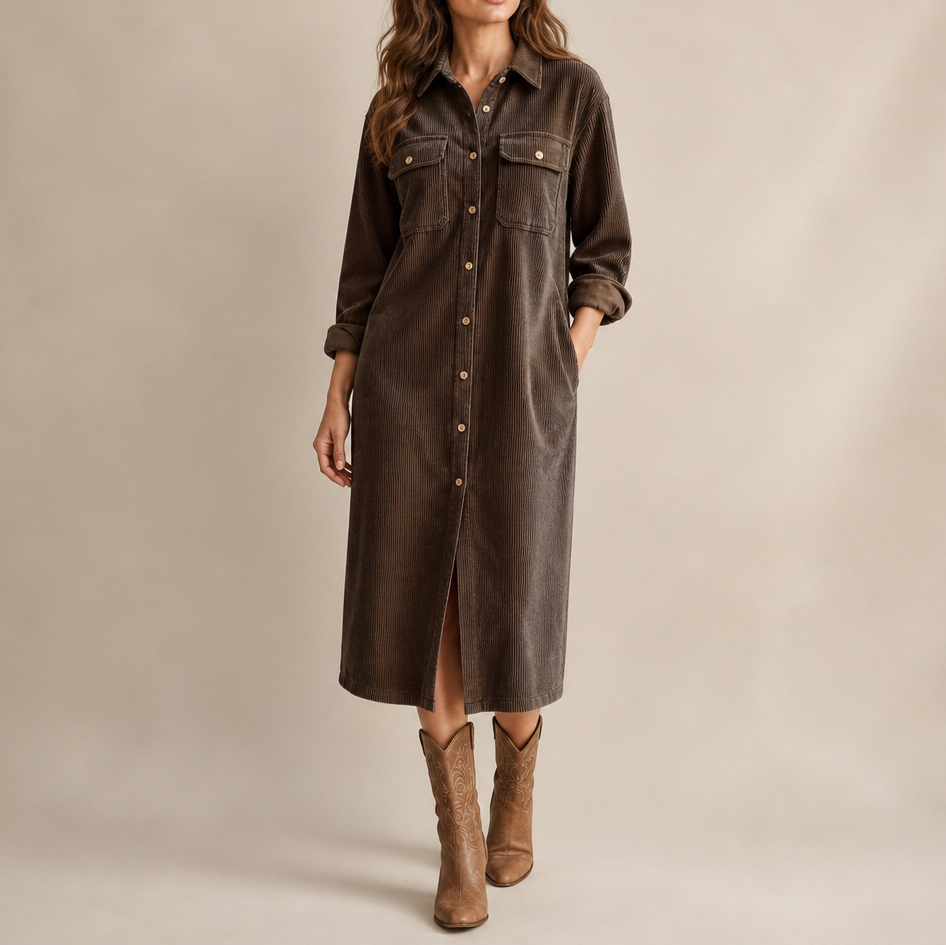 Corduroy Long Sleeve Button Down Shirt Dress
