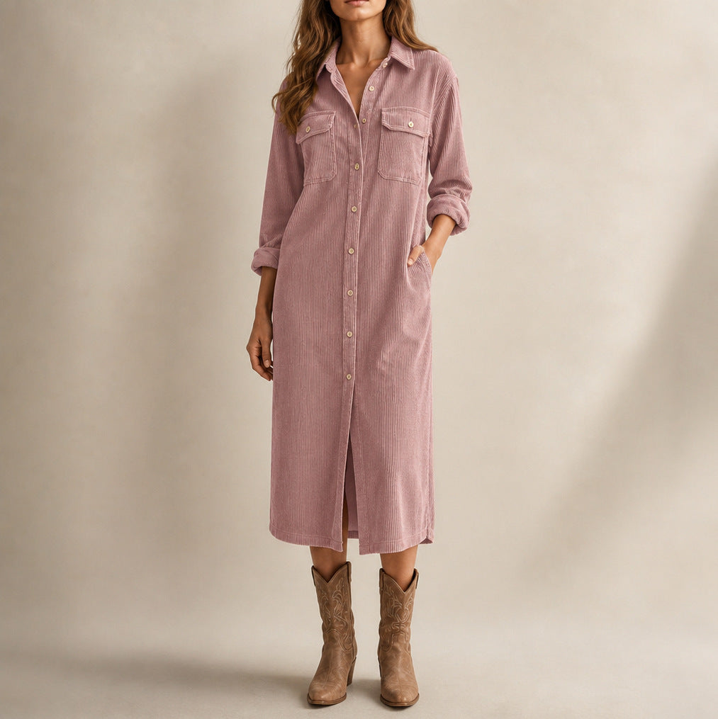Corduroy Long Sleeve Button Down Shirt Dress