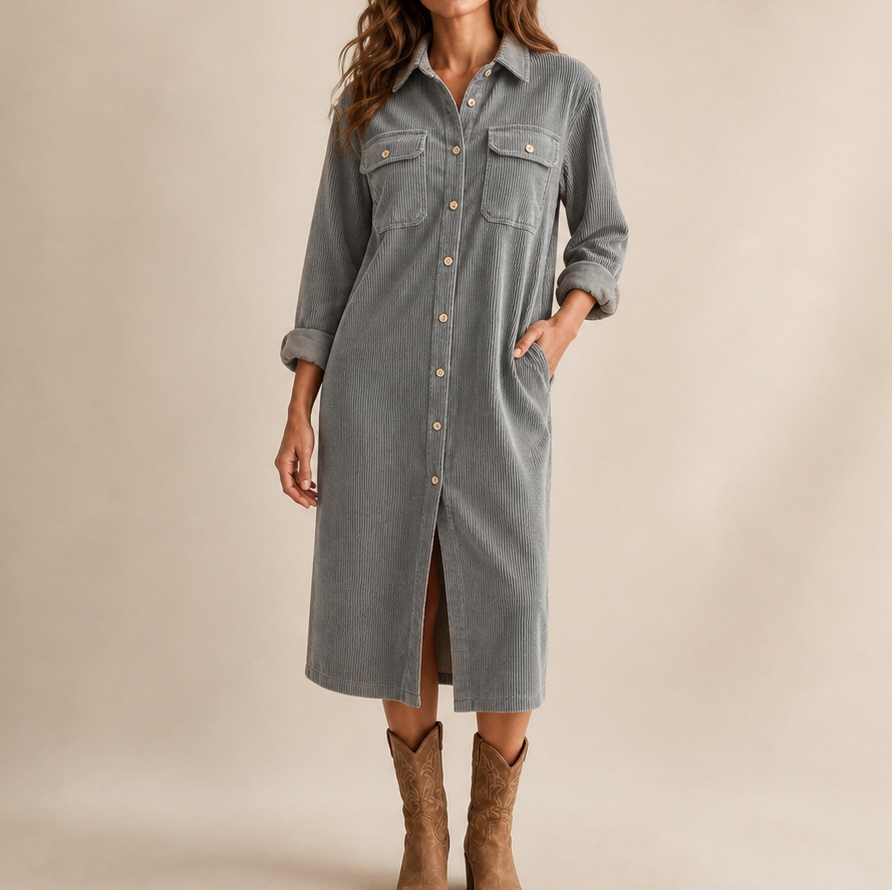 Corduroy Long Sleeve Button Down Shirt Dress