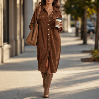 Corduroy Long Sleeve Button Down Shirt Dress