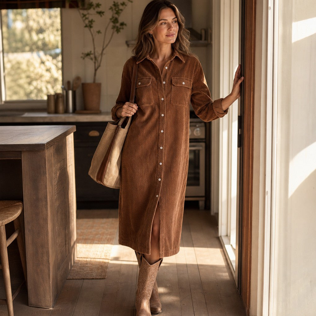 Corduroy Long Sleeve Button Down Shirt Dress