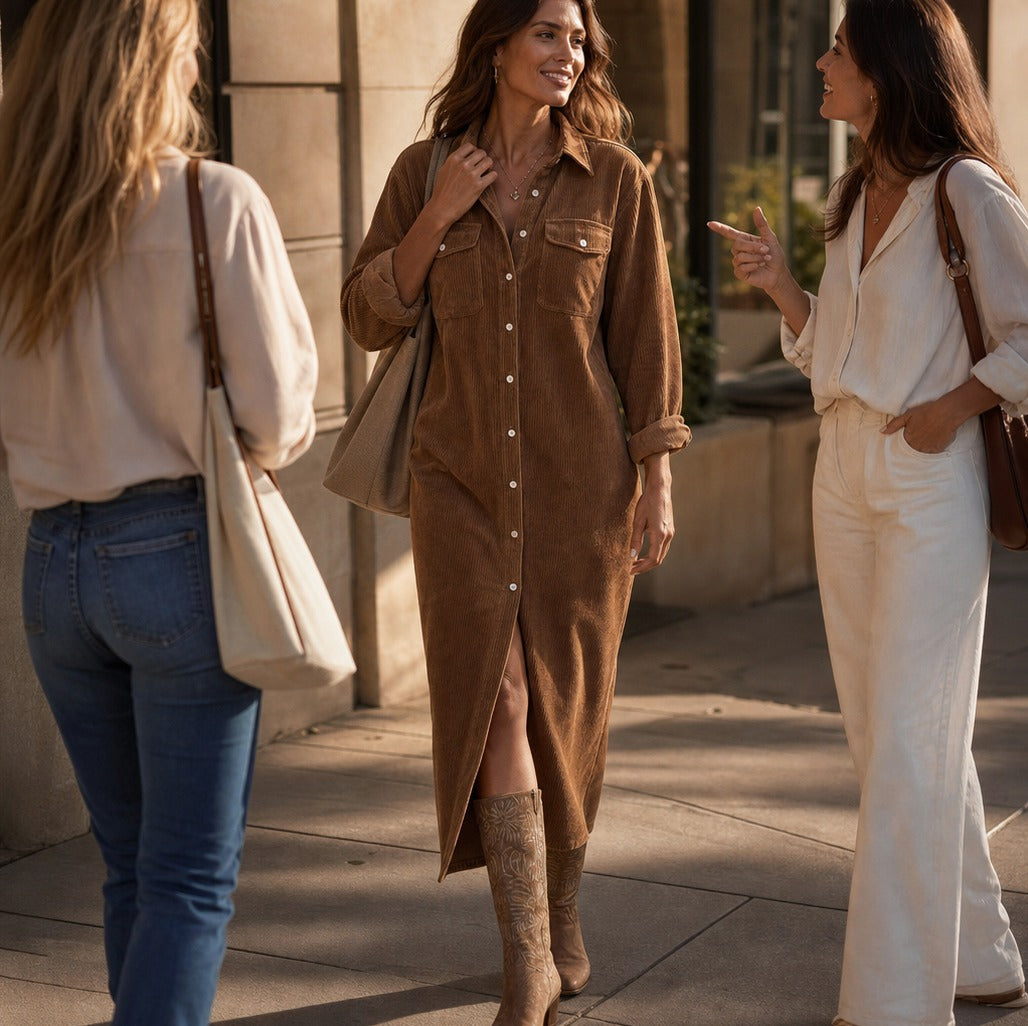 Corduroy Long Sleeve Button Down Shirt Dress