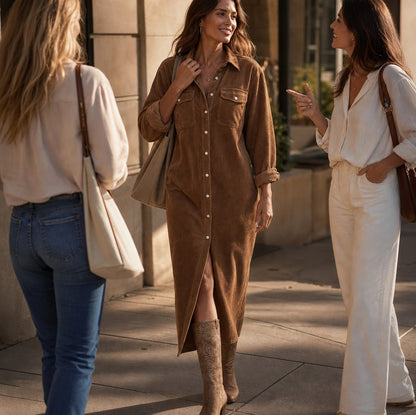 Corduroy Long Sleeve Button Down Shirt Dress