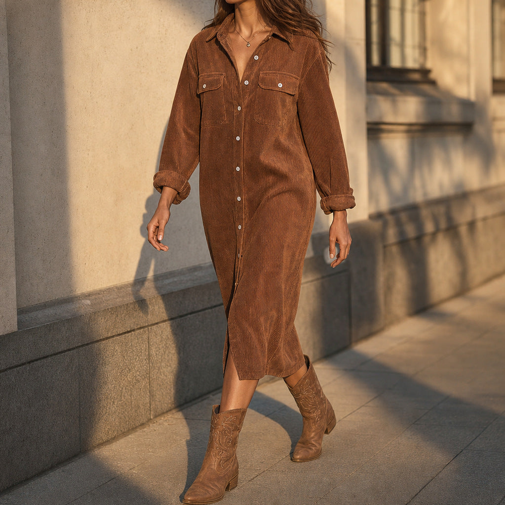 Corduroy Long Sleeve Button Down Shirt Dress