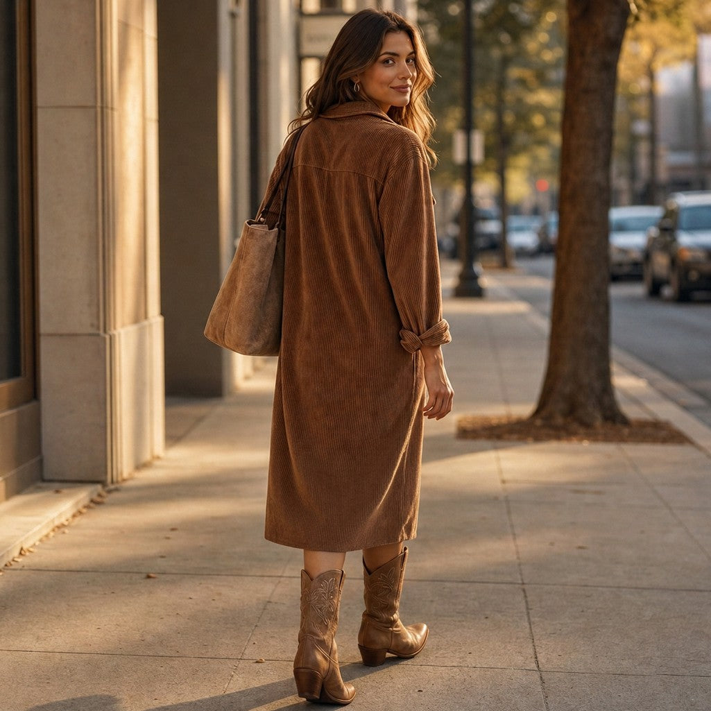 Corduroy Long Sleeve Button Down Shirt Dress