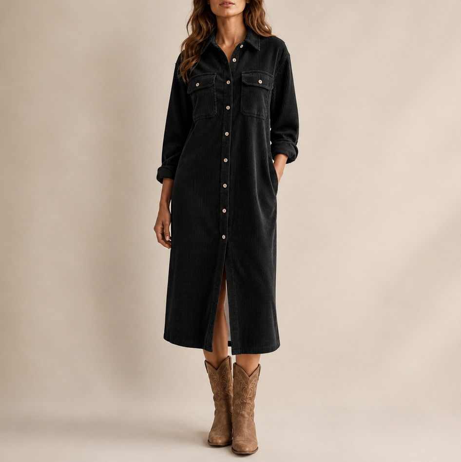 Corduroy Long Sleeve Button Down Shirt Dress