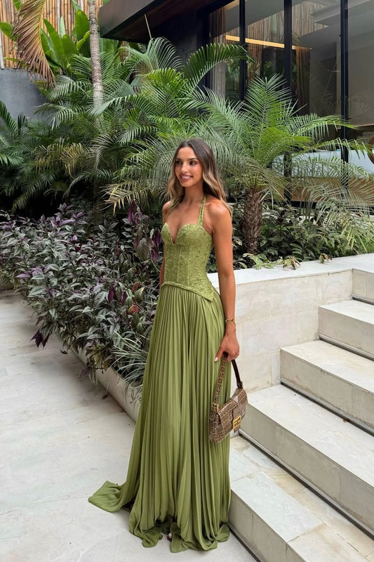 Corset Pleated Drop Waist Maxi Dress