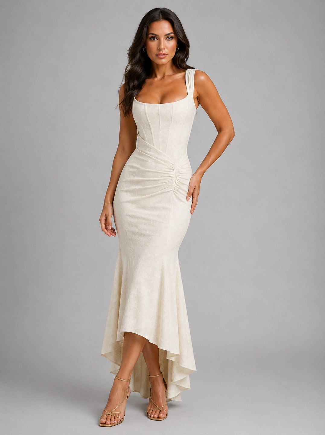 Corset Ruched Fishtail Maxi Dress