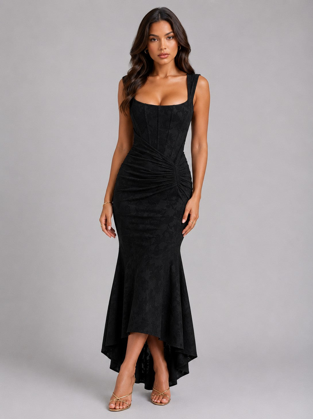 Corset Ruched Fishtail Maxi Dress
