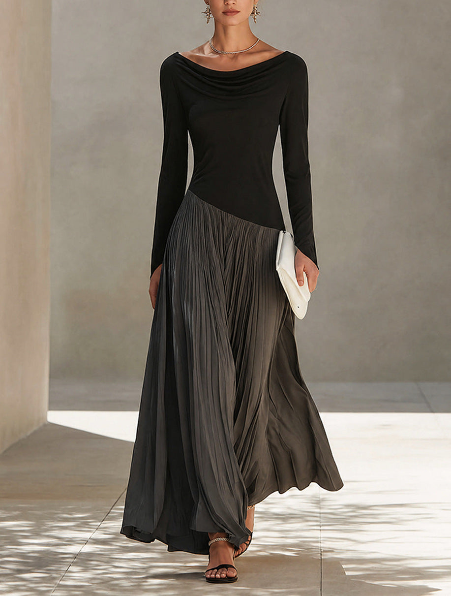 Long Sleeve Cowl Neck Pleated Maxi Dress