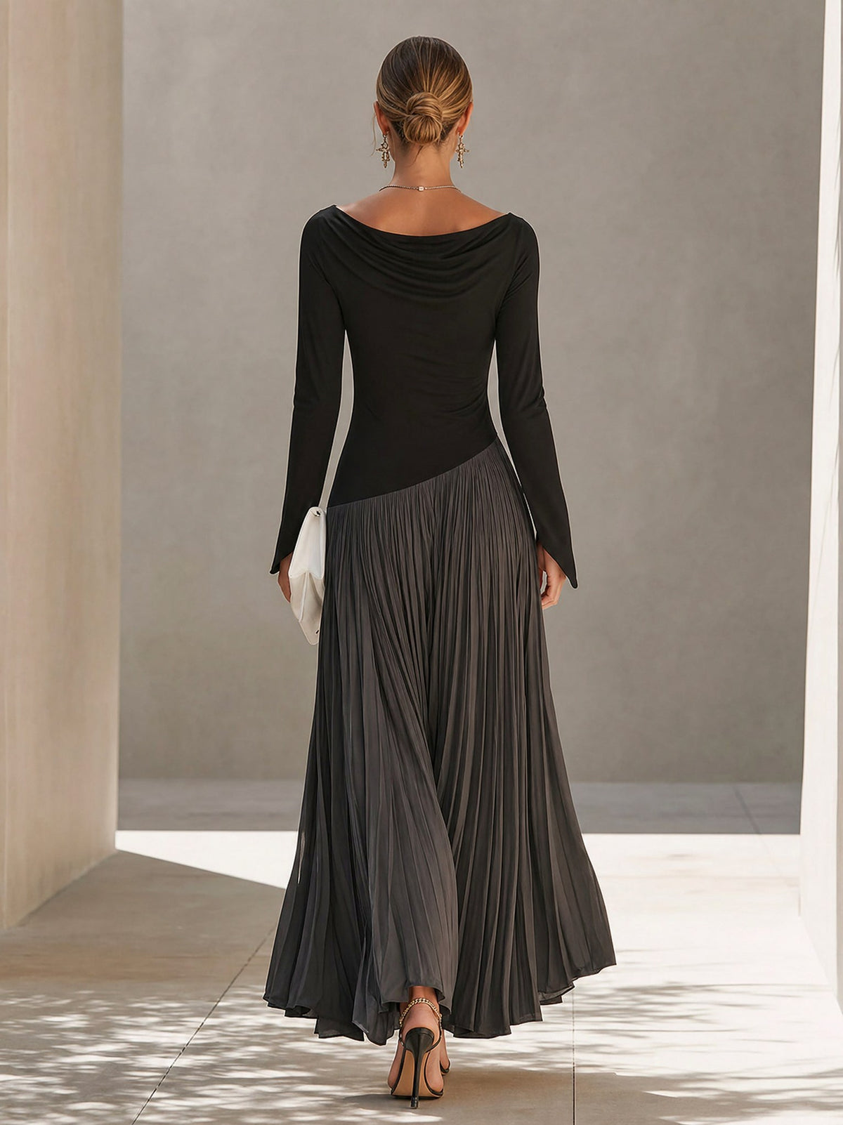 Long Sleeve Cowl Neck Pleated Maxi Dress