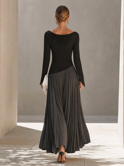 Long Sleeve Cowl Neck Pleated Maxi Dress