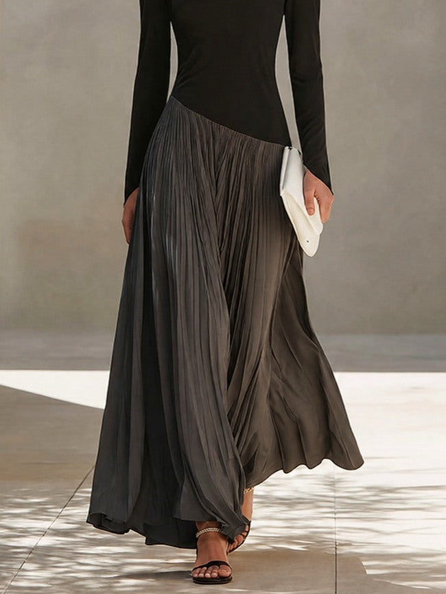 Long Sleeve Cowl Neck Pleated Maxi Dress