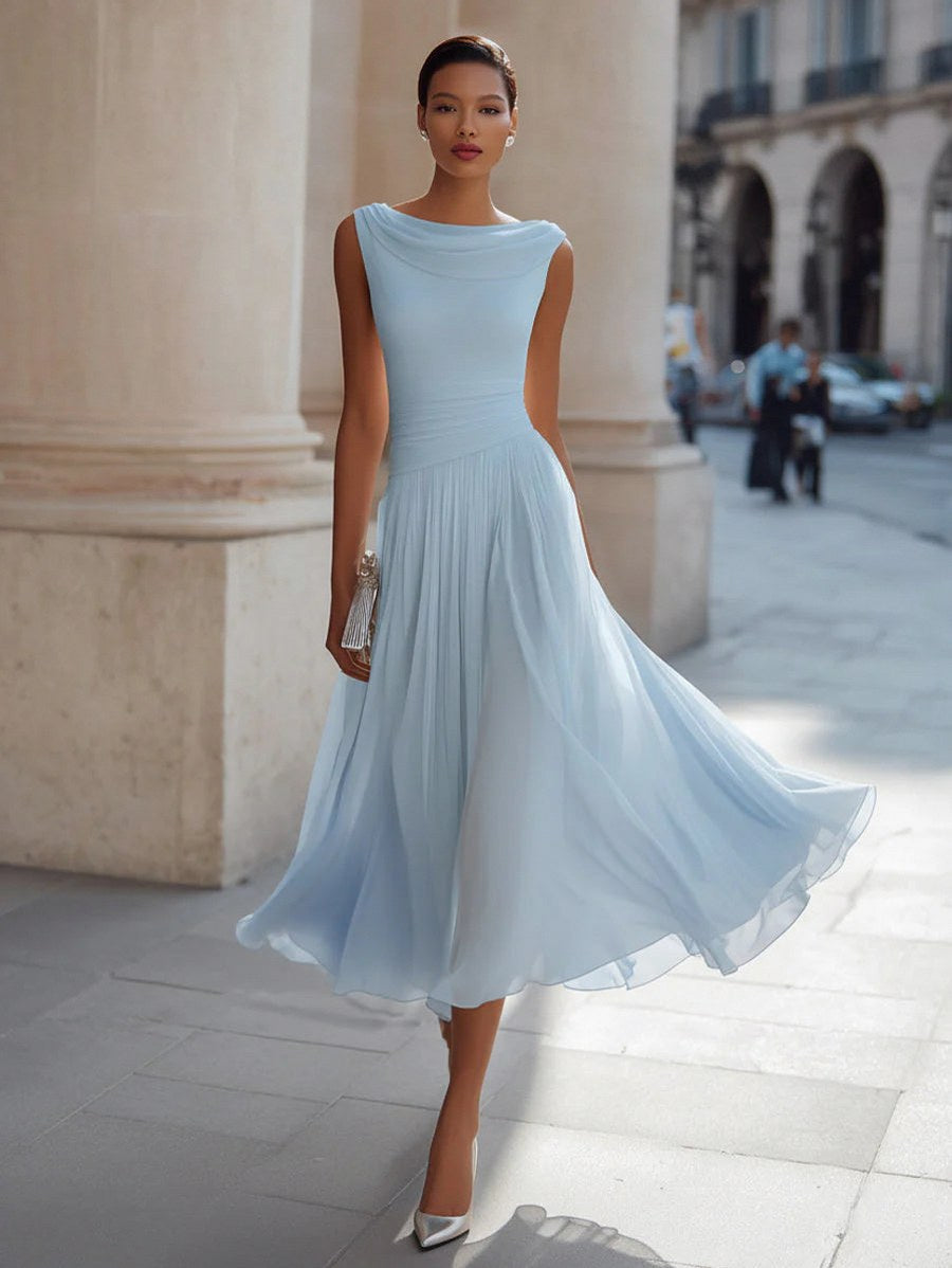 Cowl Neck Pleated Midi Dress