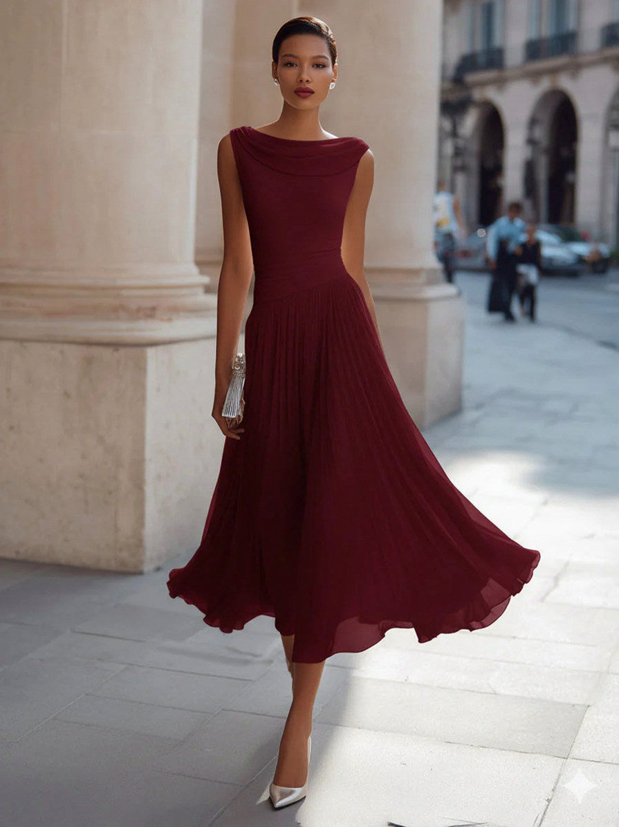 Cowl Neck Pleated Midi Dress